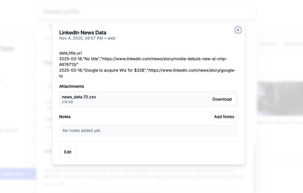 Rich Item Details modal showing LinkedIn News Data with CSV attachment and metadata
